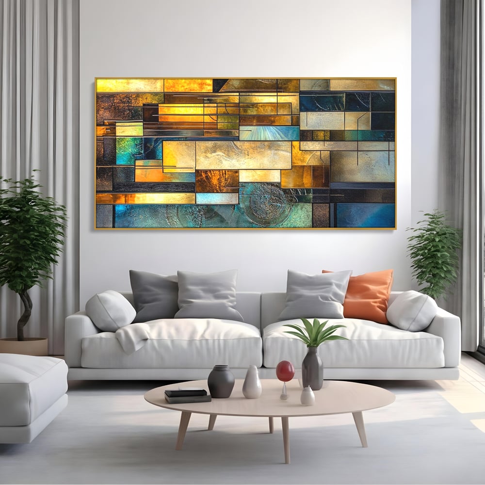 Tablou canvas cu tablou abstract geometric cu texturi metalice, in rama de aluminiu auriu, pe perete intr-un living